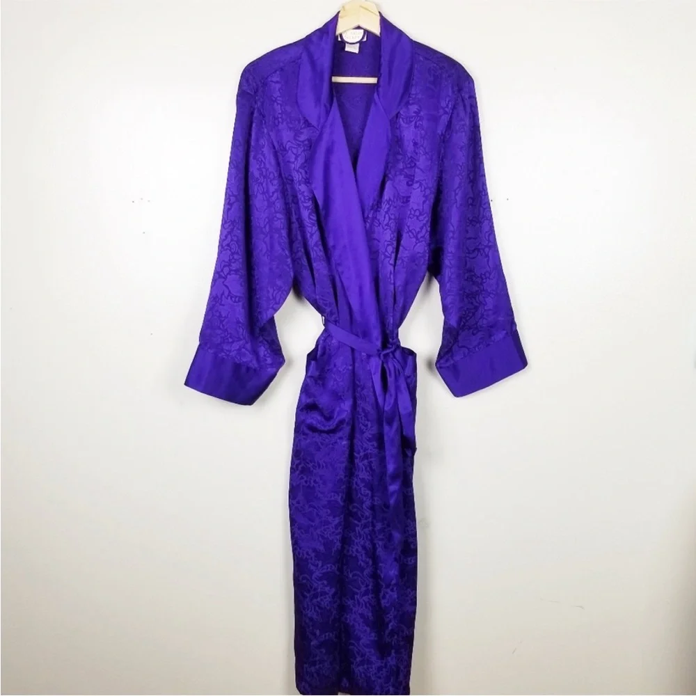 VINTAGE VICTORIA’S SECRET Gold Label Long Satin Robe Waist Tie Royal Purple US M